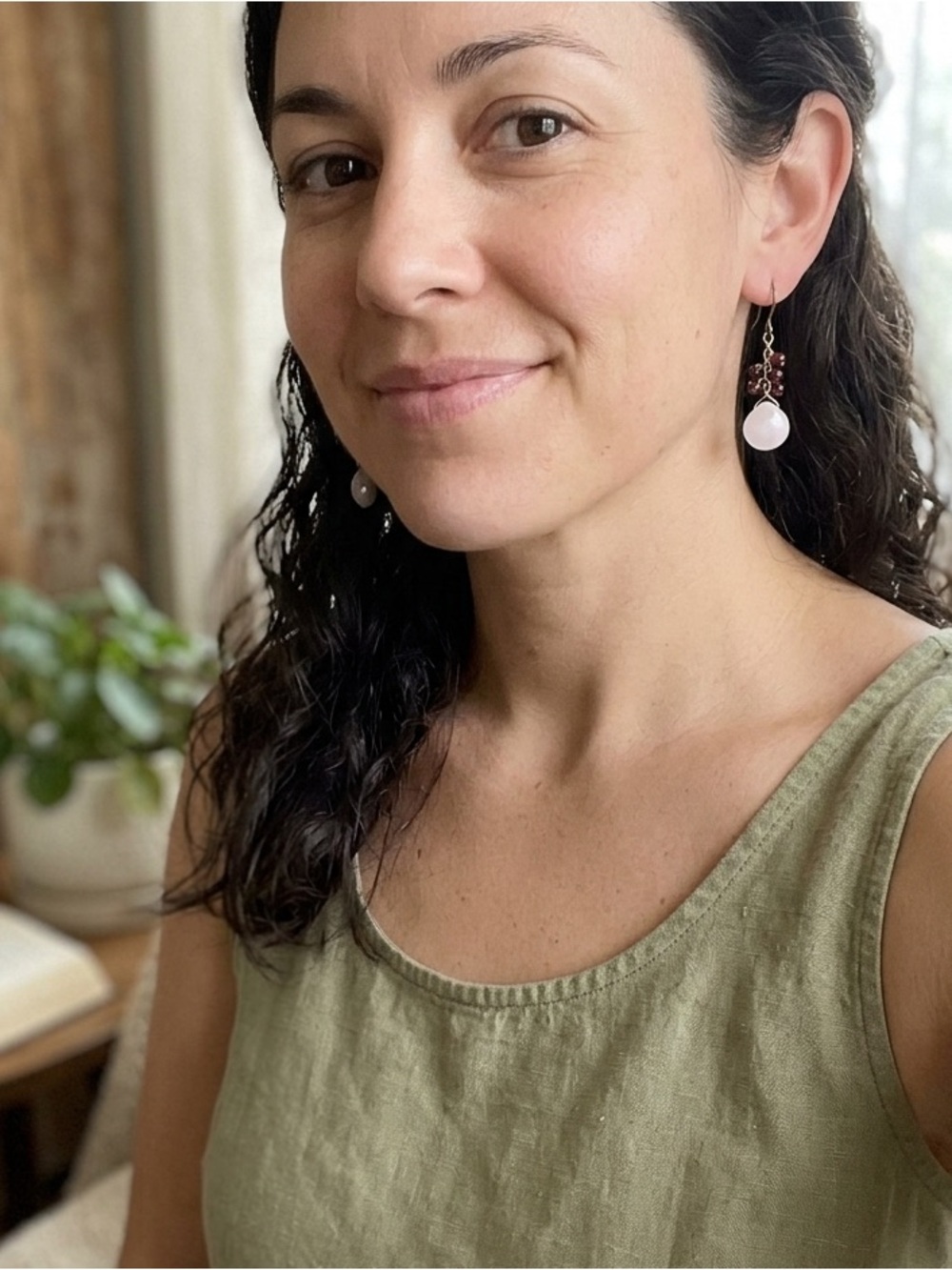 Gold with Purple and Pale Pink Dangle Earrings